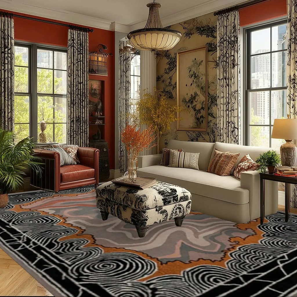 This elegant living room showcases a Mystic Drift Hand Tufted Wool Rug, perfect for adding a stylish touch to any area. The area rug features an intricate design with swirling patterns in black, gray, and earthy tones, complementing the cozy atmosphere. Ideal for both bedrooms and living rooms, this wool rug enhances the room's aesthetic with its soft texture and artistic flair.