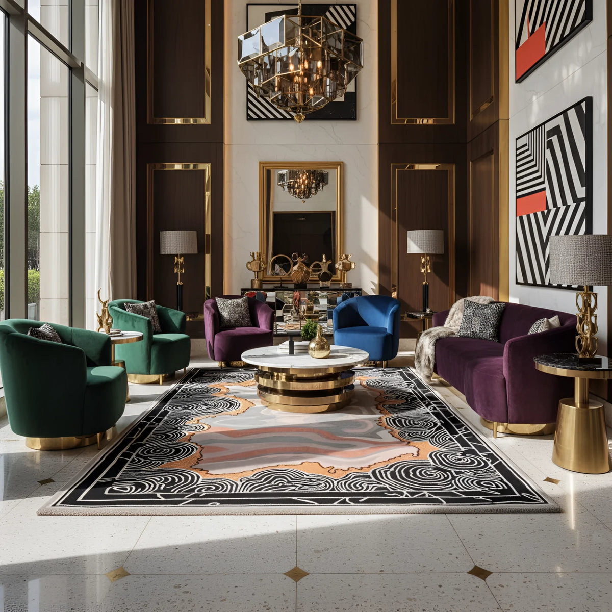 Luxurious interior of a hotel lobby with a contemporary wool rug, colorful furniture and decorative elements.