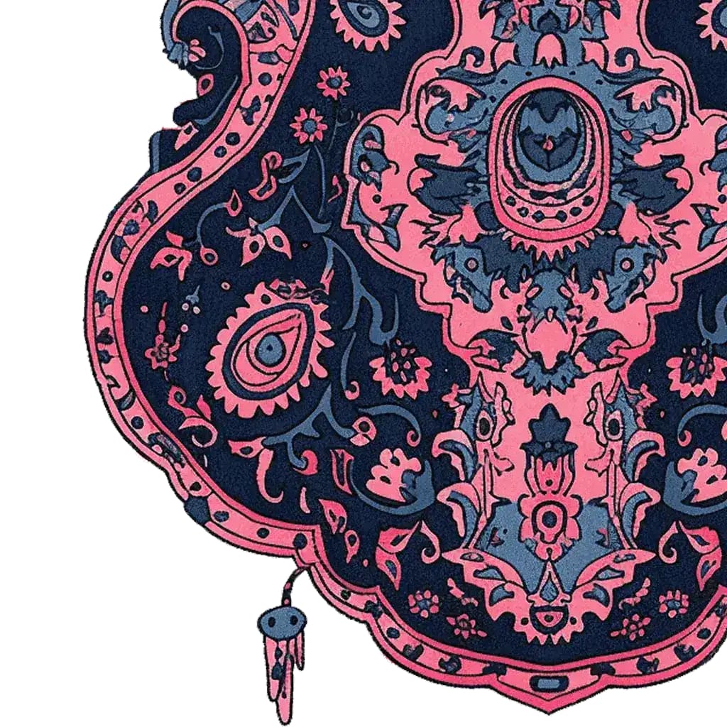 Close-up view of the Mystic Emblem Hand Tufted Area Rug featuring intricate vintage patterns in pink and blue, ideal for large living rooms. This wool rug offers a stylish and classic touch, perfect for those seeking area rugs for the living room.