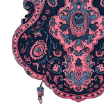 Close-up view of the Mystic Emblem Hand Tufted Area Rug featuring intricate vintage patterns in pink and blue, ideal for large living rooms. This wool rug offers a stylish and classic touch, perfect for those seeking area rugs for the living room.