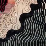 A stunning area rug featuring a contemporary design with flowing lines and abstract patterns in black, beige, and pink hues. This wool rug is perfect for adding a modern touch to living rooms, especially in an 8x10 size.