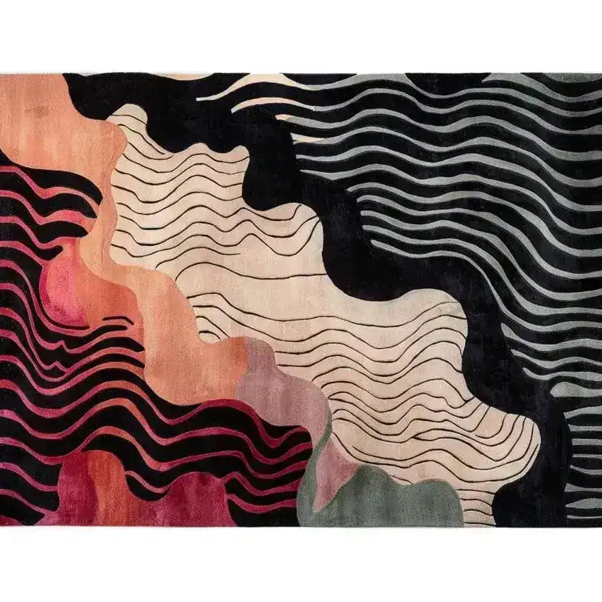 A beautifully designed area rug featuring an abstract wave pattern in rich colors, ideal for a contemporary living room. This hand-tufted wool rug combines warm tones of red, pink, and black with elegant beige and gray, perfectly suited for an 8x10 living room space.