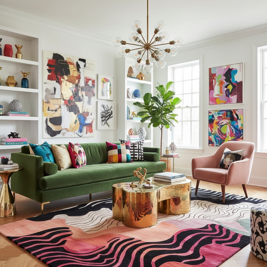 Modern living room with a green sofa, colorful rug, and abstract art.