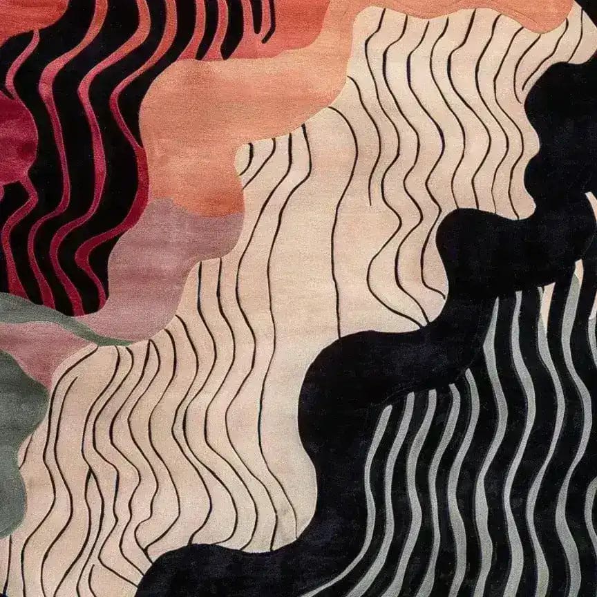 A vibrant area rug with an abstract design featuring flowing lines and a mix of earthy tones. This hand-tufted viscose and wool rug adds a contemporary flair to any living room space, perfect as an 8x10 living room rug.