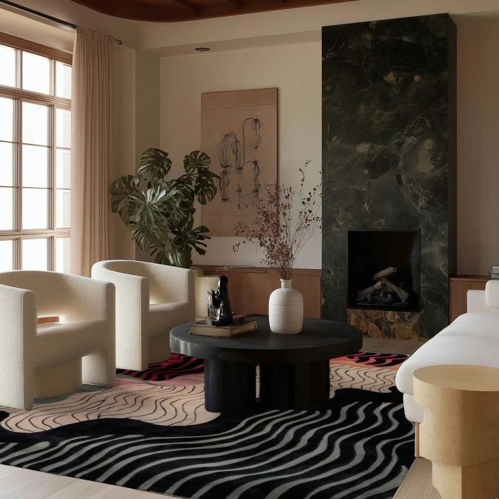 A stylish living room showcasing the Mystic Flow Hand Tufted Viscose Rug, a contemporary area rug in an 8x10 size. The rug features an abstract pattern with flowing lines, adding a modern touch to the room's decor. Surrounded by elegant furniture, this wool rug complements the cozy and sophisticated atmosphere.