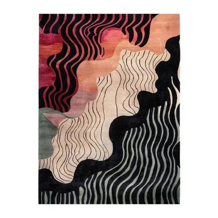 A striking area rug featuring an abstract, wavy pattern with rich hues of red, pink, and black, perfect for adding a contemporary touch to any living room. This hand-tufted wool rug measures 8x10, making it an ideal choice for spacious living areas.