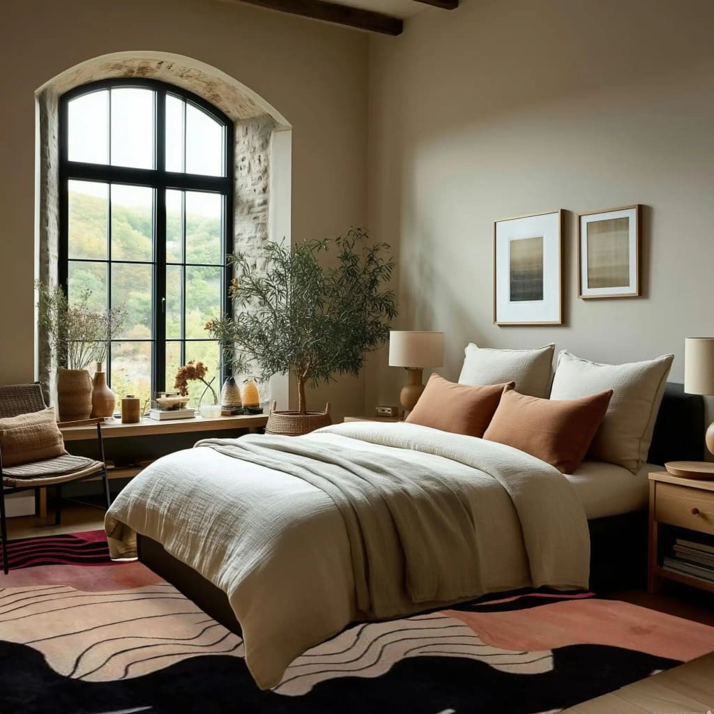 A cozy bedroom featuring the Mystic Flow Hand Tufted Viscose Area Rug. This contemporary wool rug, with its abstract design, adds warmth and elegance to the living room space. Perfect for living room rugs in an 8x10 size, it complements the neutral tones and natural light flooding through the large window.