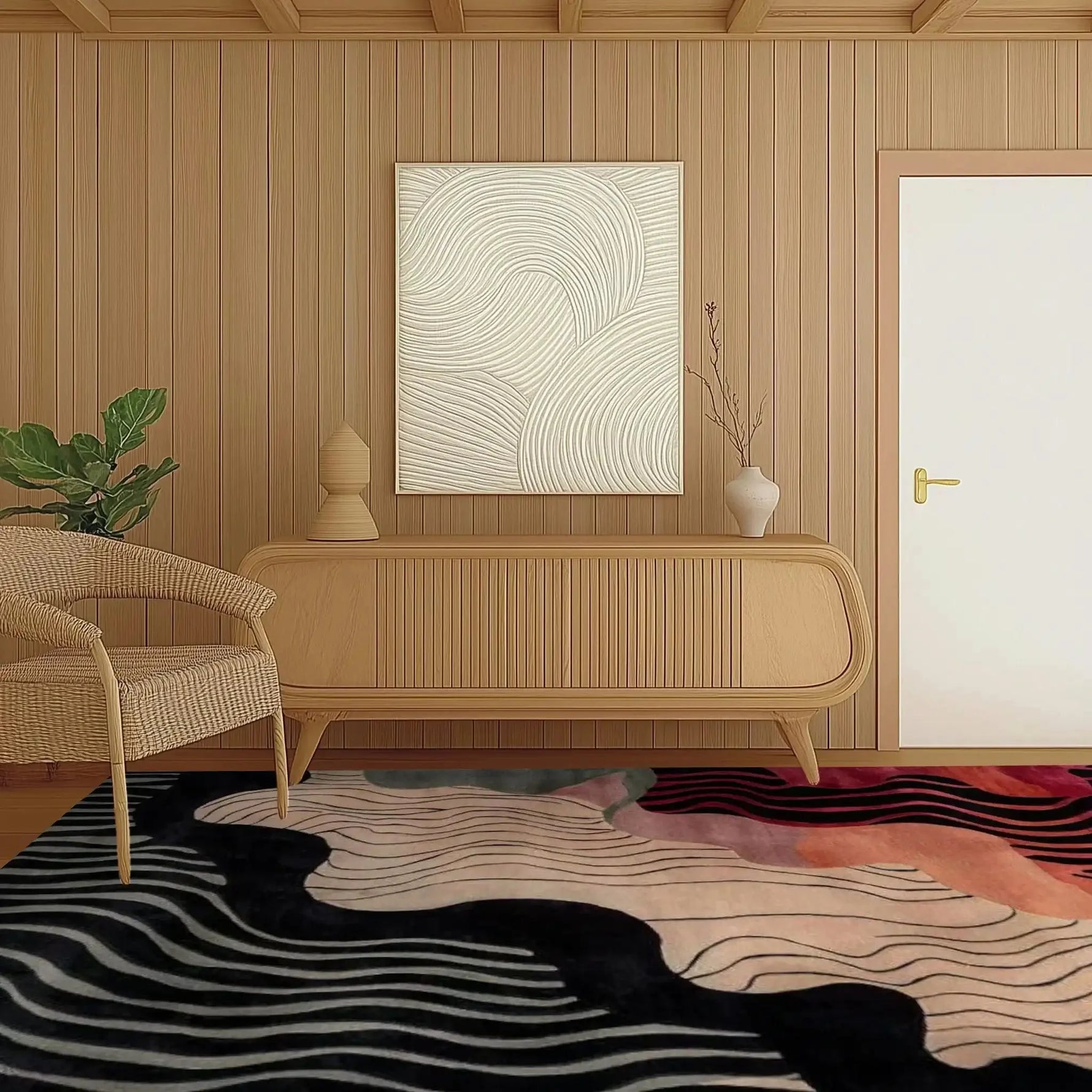 A modern living room featuring the Mystic Flow Hand Tufted Viscose Rug. This contemporary area rug, sized 8x10, showcases an abstract design with flowing lines and vibrant colors, adding a touch of elegance to the wooden interior. Perfect for enhancing any space with its wool-like texture and unique style.