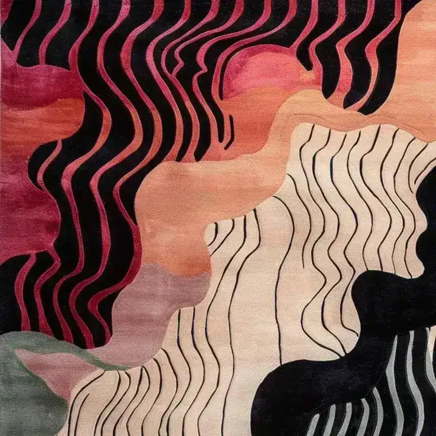 A vibrant and contemporary area rug featuring abstract wavy patterns in shades of red, pink, and beige, ideal for adding a modern touch to a living room. This hand-tufted wool rug, sized 8x10, enhances any space with its artistic design and luxurious texture.