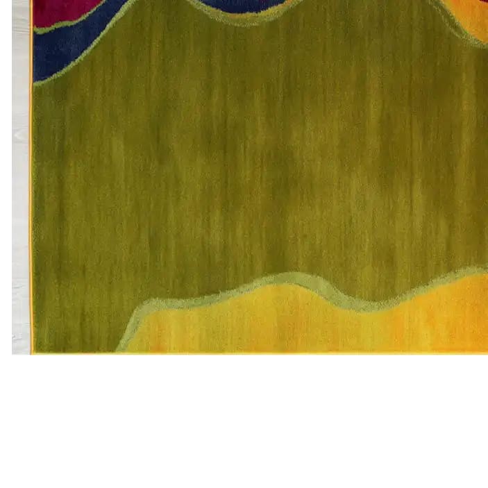 Top view of the Mystic Frame Echo Knotted Wool Rug, showcasing a unique abstract design. This contemporary area rug features a blend of earthy tones with wavy color transitions, ideal for modern living rooms. As a wool rug, it offers durability and style, perfect for an 8x10 space.