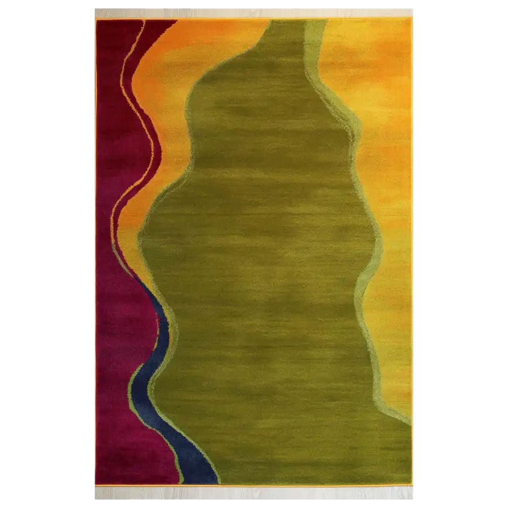 Top view of the Mystic Frame Echo Knotted Wool Rug, showcasing its contemporary design with vibrant green, orange, and magenta colors. This 8x10 area rug is perfect for adding a stylish touch to any living room.