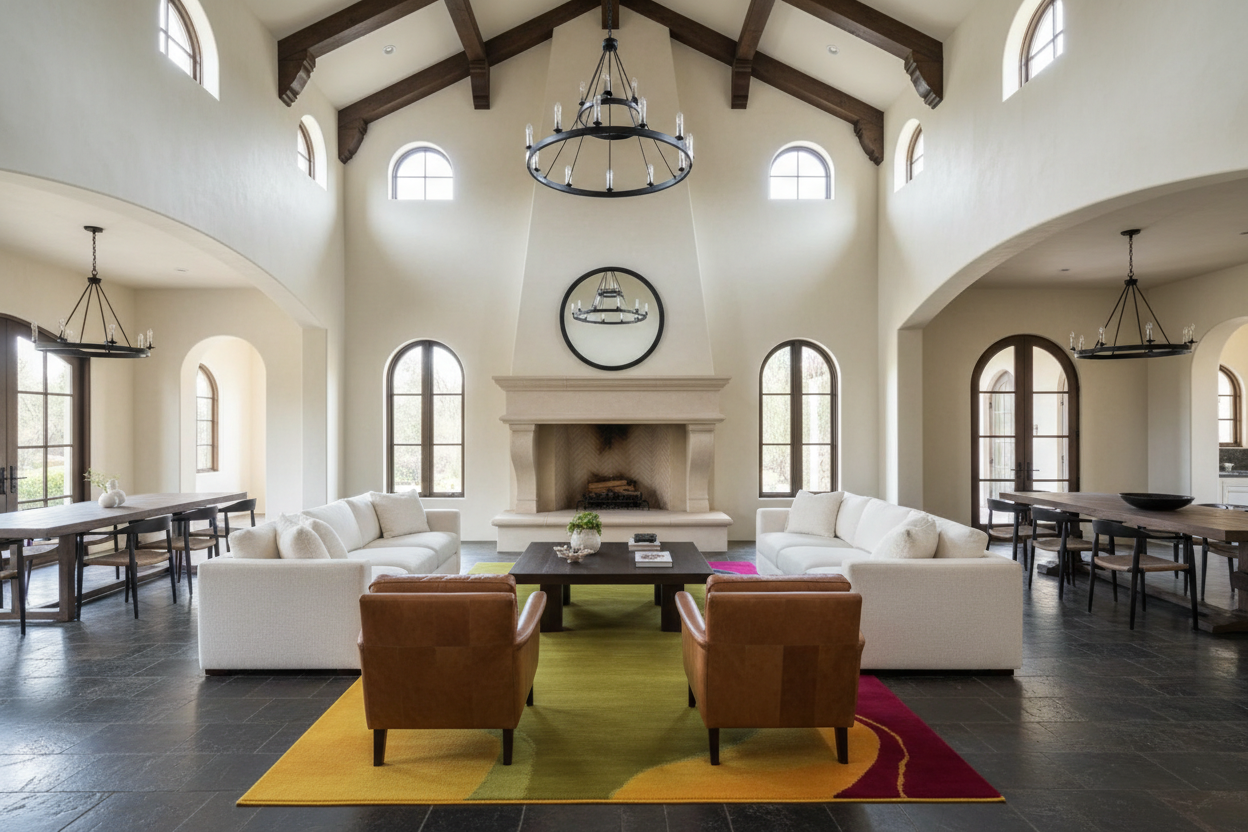 Large, open living room with multi color rug, high ceilings, white walls, and a fireplace.