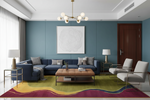 Modern living room with blue sofa, wooden coffee table, and colorful rug.