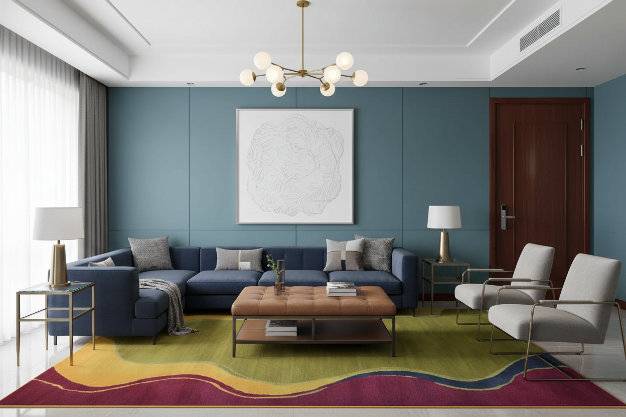 Modern living room with blue sofa, wooden coffee table, and colorful rug.