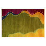 Top view of a vibrant Mystic Frame Echo Knotted Wool Rug, featuring abstract waves of olive green, orange, and burgundy. This contemporary area rug adds a bold statement to any space, ideal as a wool rug for living rooms. Perfectly sized as an 8x10 living room rug, it merges modern design with comfort.