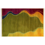 Top view of a vibrant Mystic Frame Echo Knotted Wool Rug, featuring abstract waves of olive green, orange, and burgundy. This contemporary area rug adds a bold statement to any space, ideal as a wool rug for living rooms. Perfectly sized as an 8x10 living room rug, it merges modern design with comfort.