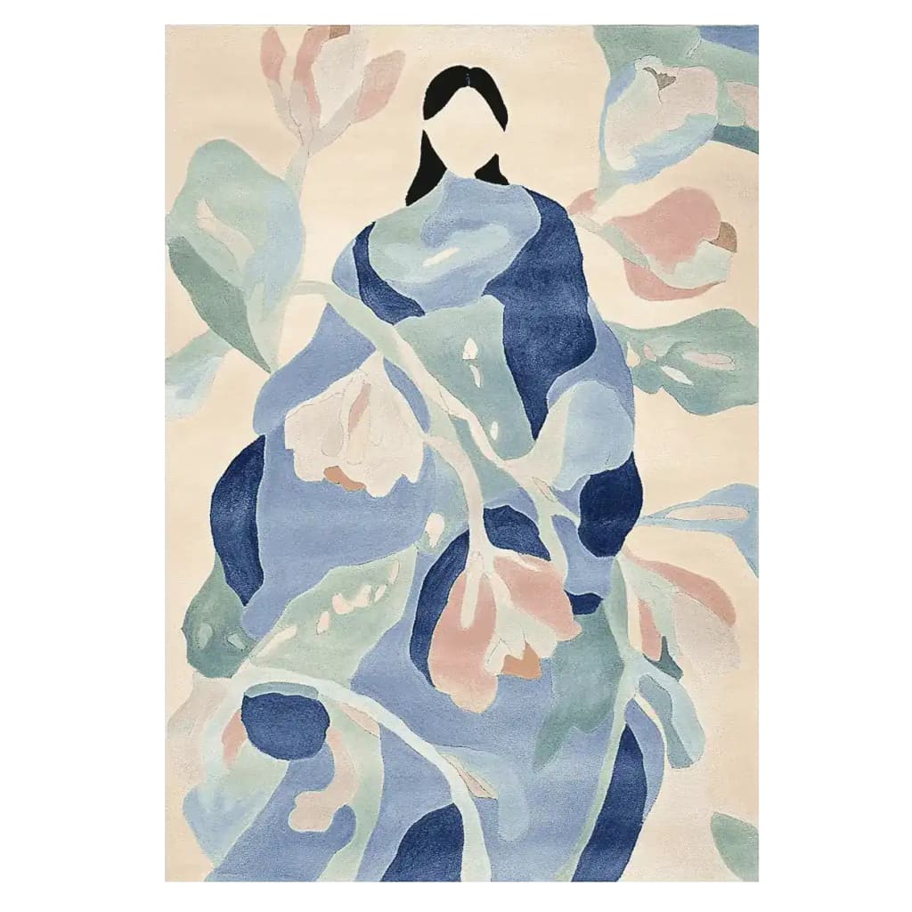 The Mystic Garden Gaze Hand Tufted Rug, featuring a stunning abstract floral pattern in soft blues, pinks, and greens, perfect as an area rug for adding a contemporary touch to any living room. This wool rug, sized 8x10, brings elegance and a modern artistic flair to your space, ideal for those seeking unique area rugs for living room decor.