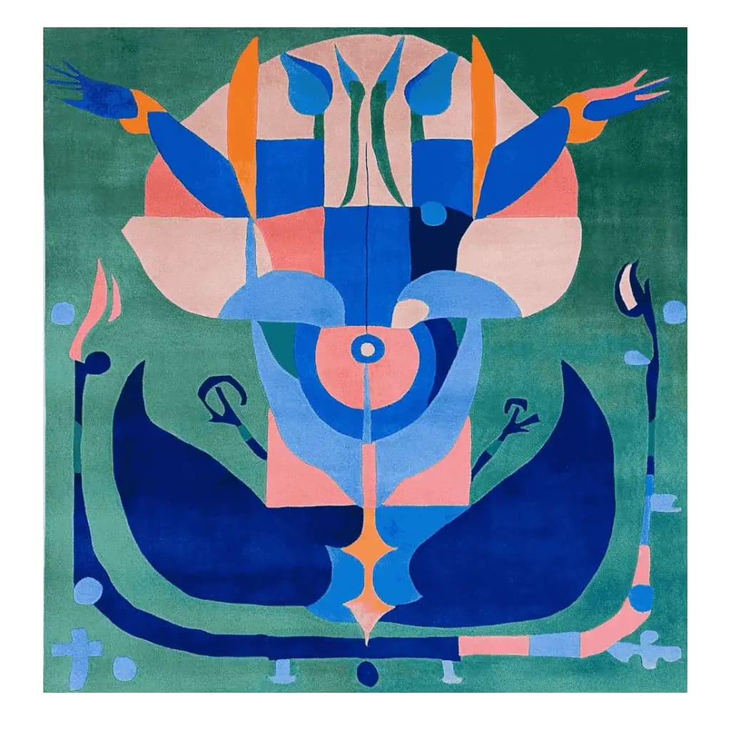 A vibrant Mystic Garden Rise hand tufted square area rug featuring a contemporary abstract design in shades of blue, orange, and green. Perfect for living room rugs 8x10, this wool rug adds a modern touch to any space.