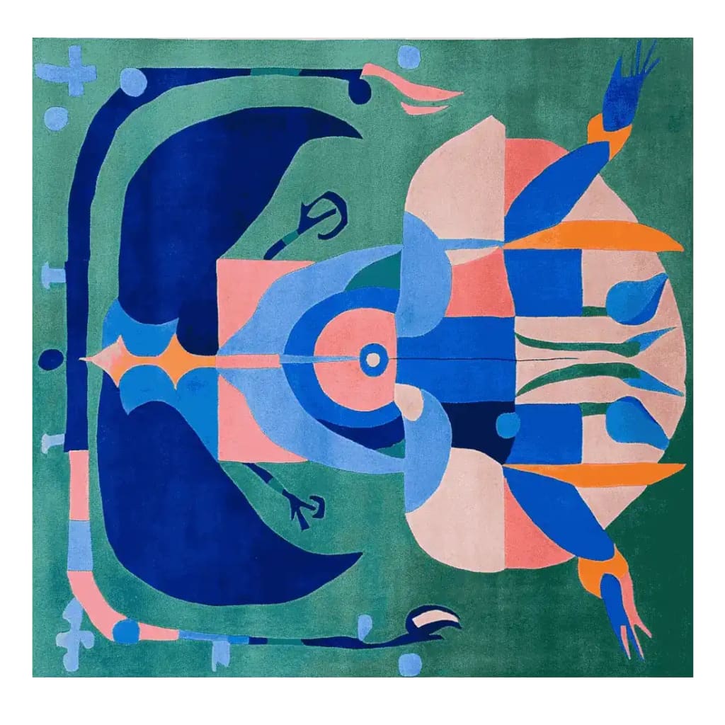 A vibrant and contemporary hand-tufted area rug featuring an abstract design with bold geometric shapes in shades of blue, pink, and green. This square area rug is perfect for adding a modern touch to living rooms. Ideal as part of the collection of living room rugs 8x10, this wool rug offers both style and comfort.