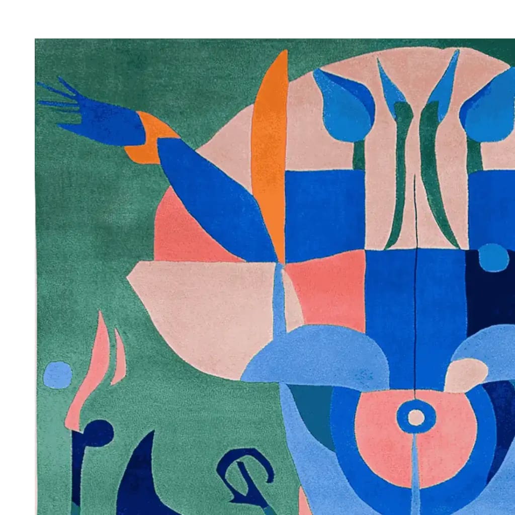 Vibrant Mystic Garden Rise hand-tufted area rug showcasing an abstract design in bold colors like blue, orange, and pink on a green background. Perfect as a square area rug for contemporary living rooms, this 8x10 wool rug adds a modern touch to any space.