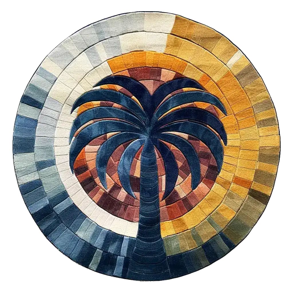 Vibrant Mystic Gradient Hand Tufted Round Rug featuring an abstract palm tree design. This wool area rug is perfect for large living rooms, adding a splash of color and style. Ideal for bedrooms and living rooms, enhancing spaces with its unique 8x10 dimensions.