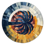 A vibrant, mystic gradient hand tufted round area rug in rich blues, oranges, and yellows, perfect for large living rooms or bedrooms. This wool rug features an abstract design, ideal as a centerpiece for living room rugs 8x10.