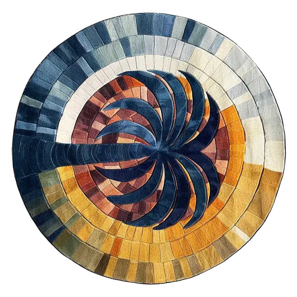 A vibrant, mystic gradient hand tufted round area rug in rich blues, oranges, and yellows, perfect for large living rooms or bedrooms. This wool rug features an abstract design, ideal as a centerpiece for living room rugs 8x10.