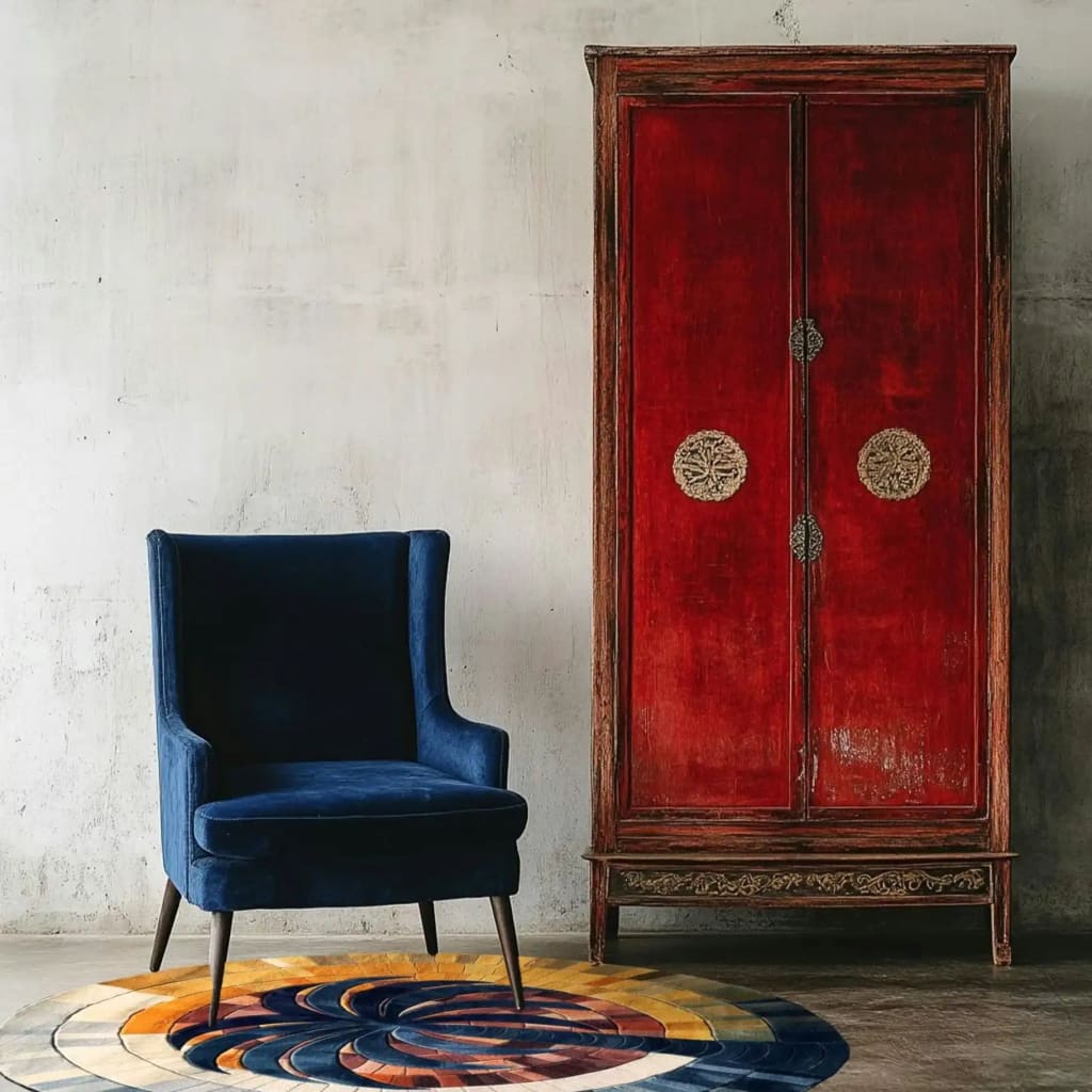 A stylish living room setting featuring a Mystic Gradient Hand Tufted Round Rug. This area rug showcases a vibrant swirl of colors, perfect for adding a splash of contemporary design to large living room spaces or bedrooms. Paired with a deep blue velvet chair and an elegant red antique cabinet, this wool rug is ideal for living room rugs 8x10 and adds a modern touch to any decor.