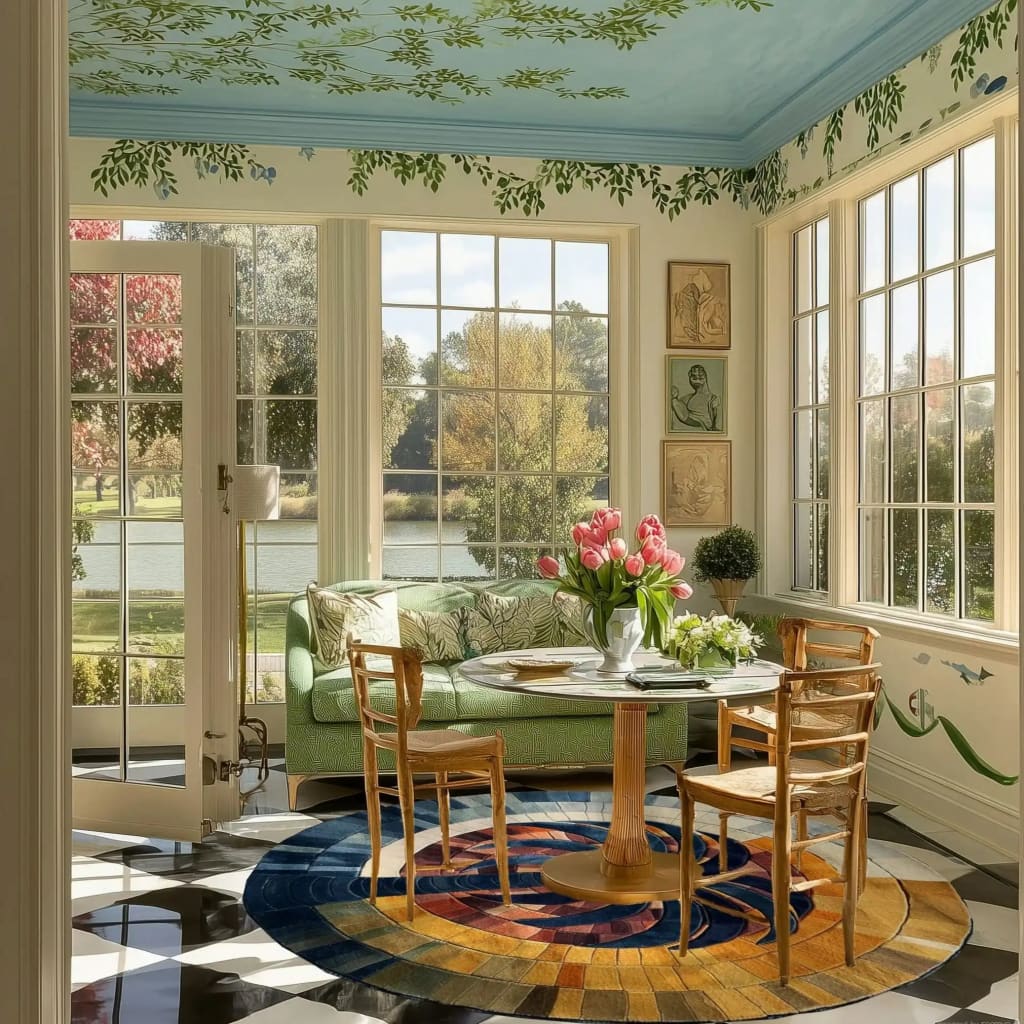 A cozy living room featuring a Mystic Gradient Hand Tufted Round Rug, perfect for large living room spaces. The vibrant wool rug adds a splash of color beneath a wooden dining table set, complemented by a green sofa and large windows overlooking a serene outdoor view.