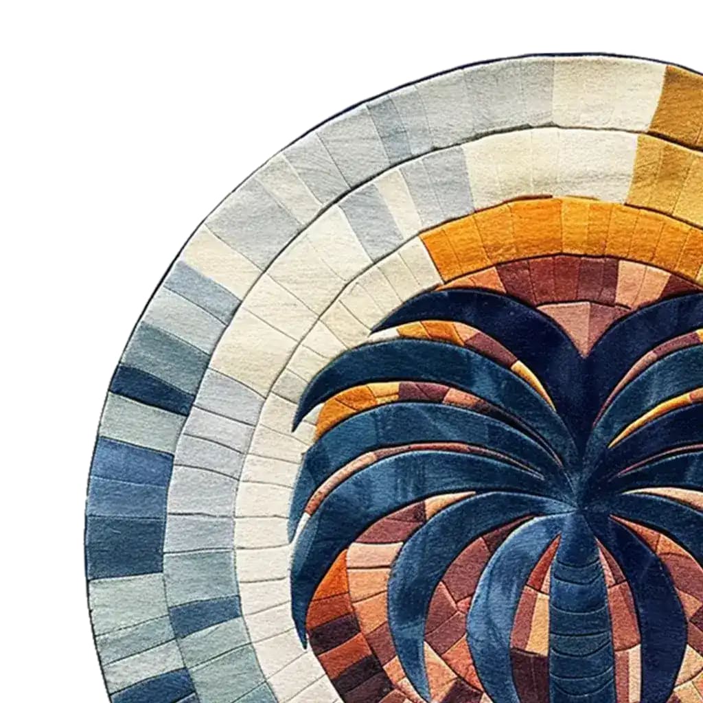 Close-up view of a Mystic Gradient Hand Tufted Round Rug, showcasing its vibrant, abstract design with deep blues and warm earthy tones. Perfect for large living rooms or as an 8x10 area rug in a bedroom, this wool rug adds a splash of color and a touch of elegance to any living space.
