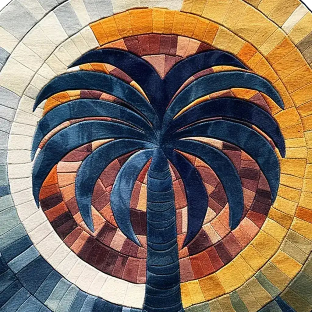 A vibrant and artistic round area rug featuring a bold abstract design with a central palm tree motif. Perfect for large living rooms or bedrooms, this 8x10 wool rug adds a splash of color and style to any living space.