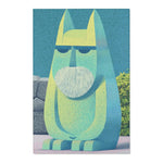 Teal-green cat guardian figure with beard on blue outdoor background, Mystic Guardian Accent Rug