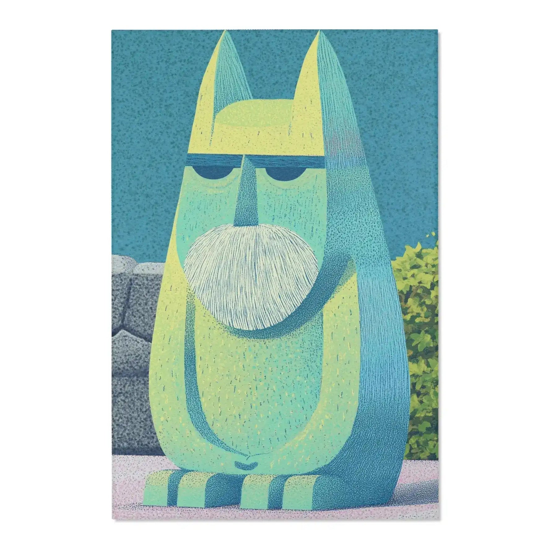 Teal-green cat guardian figure with beard on blue outdoor background, Mystic Guardian Accent Rug