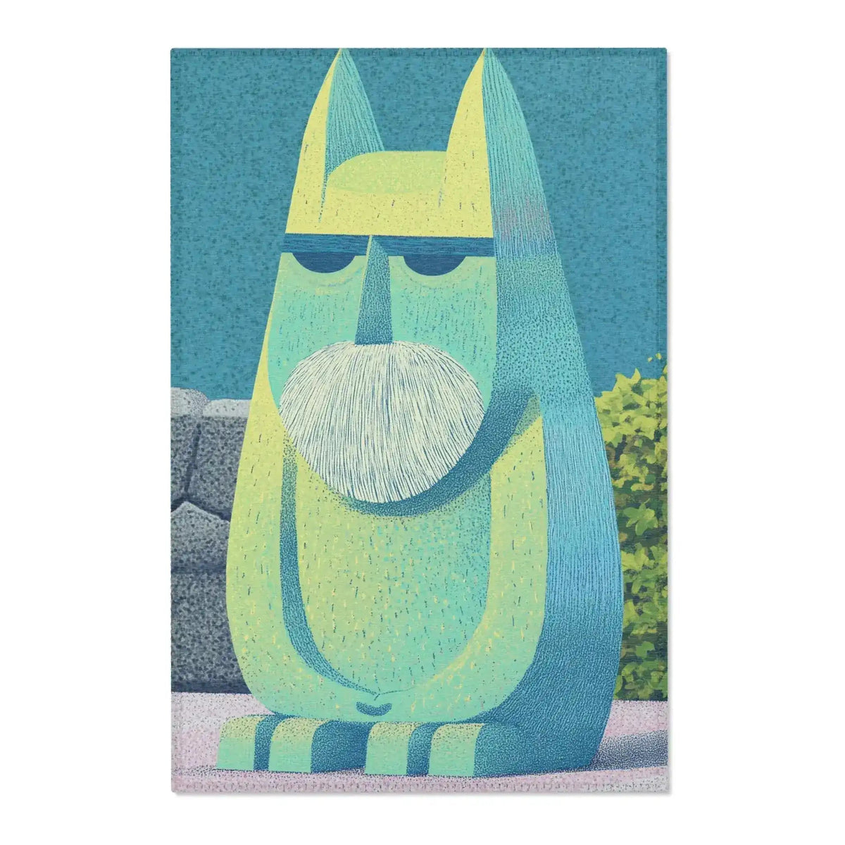 Teal-green abstract cat guardian with white beard seated outdoors against blue background, Mystic Guardian Accent Rug