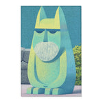 Teal-green abstract cat guardian with white beard seated outdoors against blue background, Mystic Guardian Accent Rug