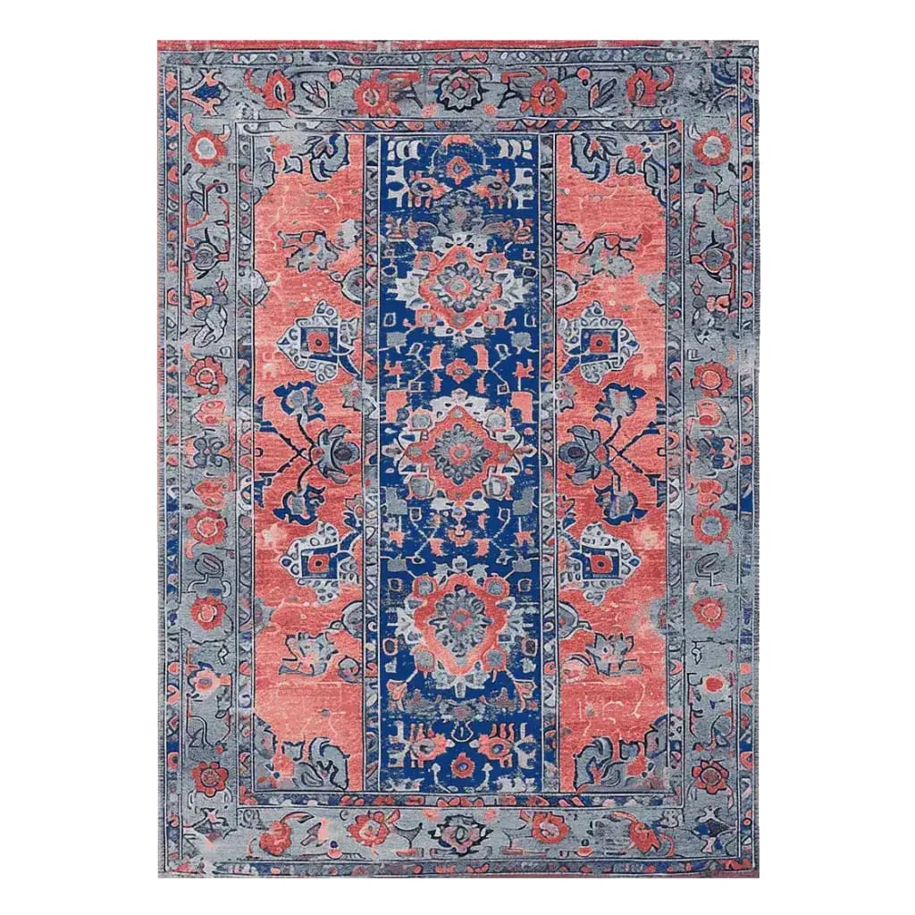 A beautifully crafted Mystic Heritage Hand Tufted Area Rug featuring an intricate vintage design. This wool rug is perfect for adding a touch of elegance to your living room, with a rich combination of blue and coral hues and detailed floral patterns.
