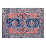A beautifully designed Mystic Heritage Hand Tufted Area Rug featuring intricate vintage patterns in rich blue and coral hues. This wool rug showcases an elegant and timeless design, perfect for adding a touch of sophistication to any living room.