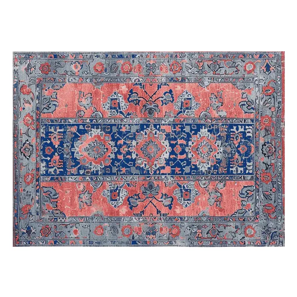 A beautifully designed Mystic Heritage Hand Tufted Area Rug featuring intricate vintage patterns in rich blue and coral hues. This wool rug showcases an elegant and timeless design, perfect for adding a touch of sophistication to any living room.