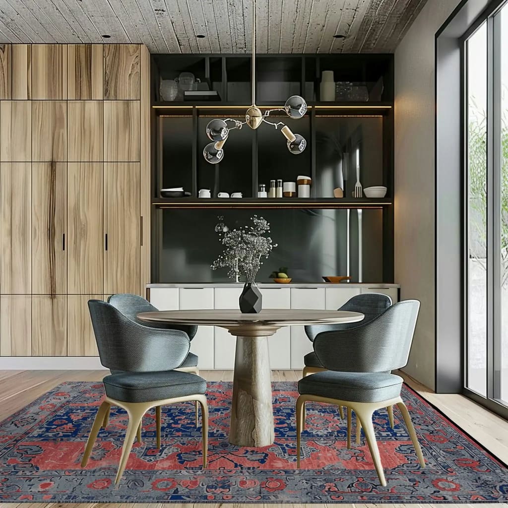 Stylish living room featuring a Mystic Heritage Hand Tufted Area Rug with a vintage design in rich red and blue hues. The wool rug complements the modern decor, adding warmth and elegance. Perfect for enhancing any living space with its timeless charm.