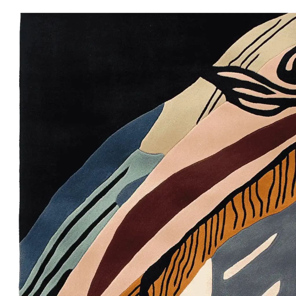 This vibrant Mystic Maze Hand Tufted Rug showcases an abstract design with bold, flowing lines and a rich palette of black, blue, beige, and brown. Perfect as an area rug for a contemporary setting, this wool rug adds a touch of modern elegance to any large living room. Ideal for spaces requiring living room rugs sized 8x10, its striking composition makes a stylish statement.