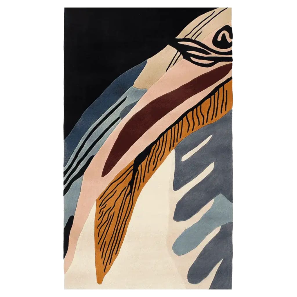 Top view of the Mystic Maze Hand Tufted Area Rug, showcasing an abstract design with bold, earthy tones. This contemporary wool rug is perfect for large living rooms, measuring 8x10, and adds a stylish touch to any space.