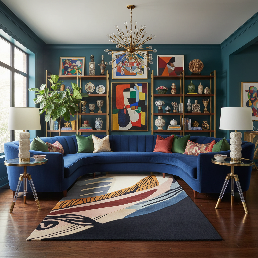 Modern living room with a blue sofa, colorful rug, and decorative shelves.