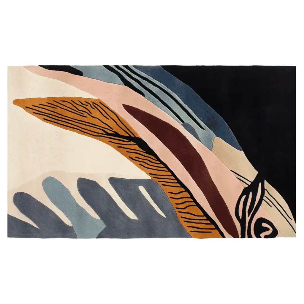 Top view of a contemporary Mystic Maze Hand Tufted Area Rug featuring an abstract design with bold colors and flowing patterns. This wool rug is ideal for large living room spaces, measuring 8x10, and adds a modern touch to any home decor.