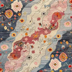 Top view of the Mystic Meadow Hand Knotted Area Rug showcasing a vibrant contemporary design with abstract floral patterns in shades of blue, pink, and cream. Perfect for living rooms and offices, this square wool rug adds a touch of elegance to any space.