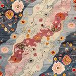 Top view of the Mystic Meadow Hand Knotted Area Rug showcasing a vibrant contemporary design with abstract floral patterns in shades of blue, pink, and cream. Perfect for living rooms and offices, this square wool rug adds a touch of elegance to any space.