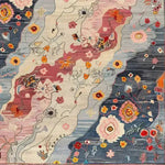 A vibrant Mystic Meadow Hand Knotted Area Rug showcasing an abstract floral design with colorful blooms and swirling patterns. This square area rug is perfect for adding a touch of contemporary style to living rooms or offices. Made from high-quality wool, it's an ideal choice for those seeking unique rugs for the living room.