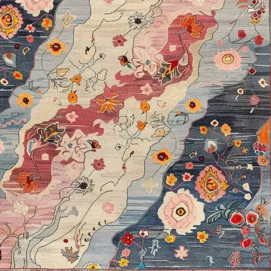 A vibrant Mystic Meadow Hand Knotted Area Rug showcasing an abstract floral design with colorful blooms and swirling patterns. This square area rug is perfect for adding a touch of contemporary style to living rooms or offices. Made from high-quality wool, it's an ideal choice for those seeking unique rugs for the living room.