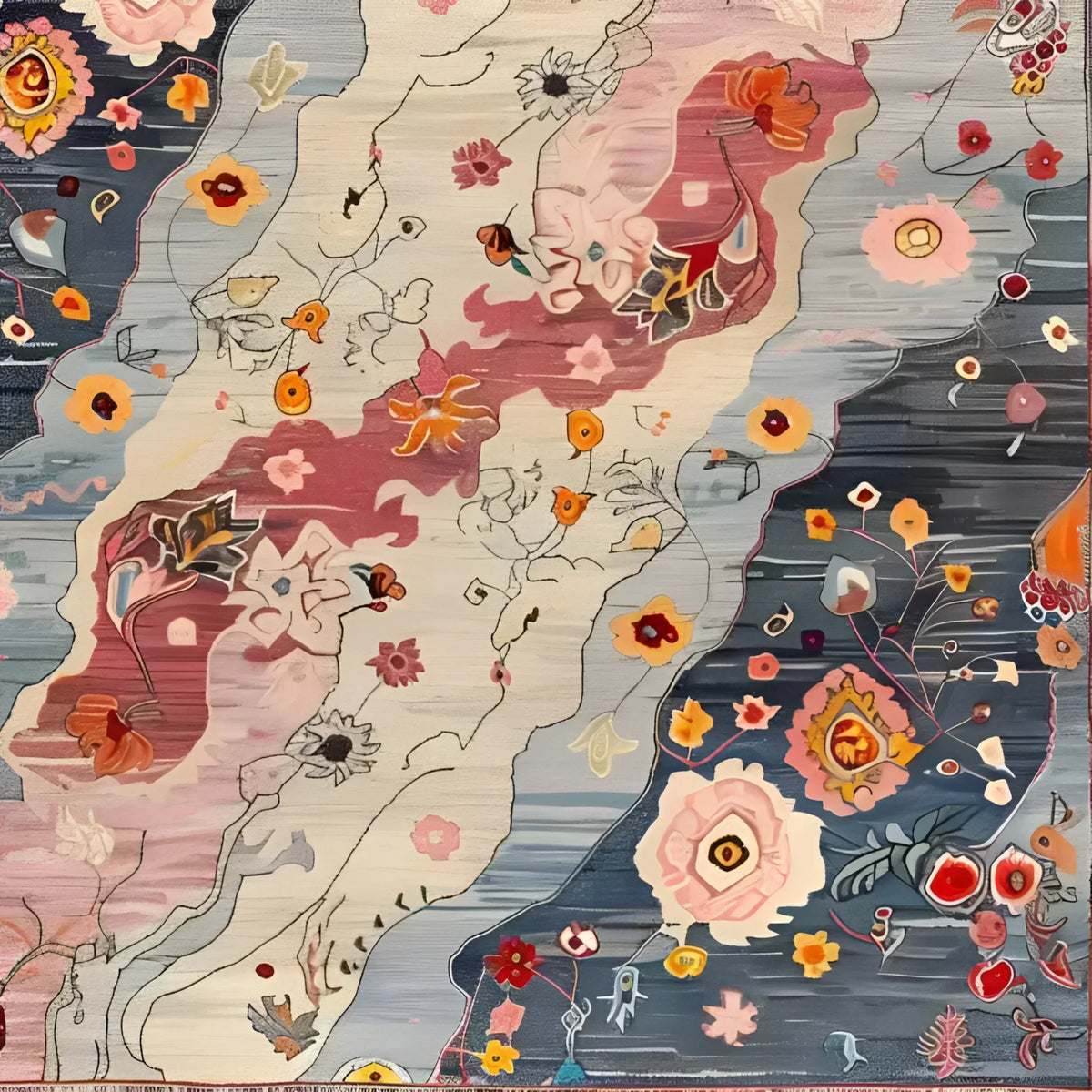 A vibrant Mystic Meadow Hand Knotted Area Rug showcasing an abstract floral design with colorful blooms and swirling patterns. This square area rug is perfect for adding a touch of contemporary style to living rooms or offices. Made from high-quality wool, it's an ideal choice for those seeking unique rugs for the living room.