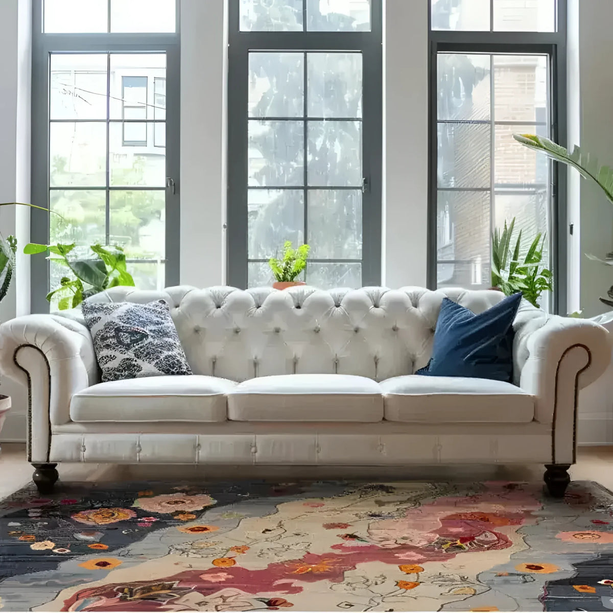 A chic living room featuring a Mystic Meadow Hand Knotted Area Rug with vibrant abstract patterns. This contemporary wool rug adds warmth and style to the space, complementing the elegant white sofa and large windows. Ideal for living rooms and offices, this square area rug enhances any modern decor.
