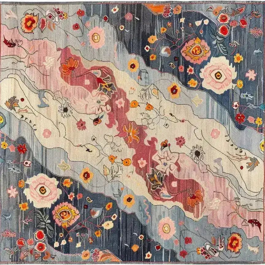 Top view of the Mystic Meadow Hand Knotted Area Rug, a vibrant square area rug featuring an abstract floral design with rich colors like pink, blue, and orange. This wool rug is perfect for contemporary living room or office spaces, adding a touch of elegance and warmth.